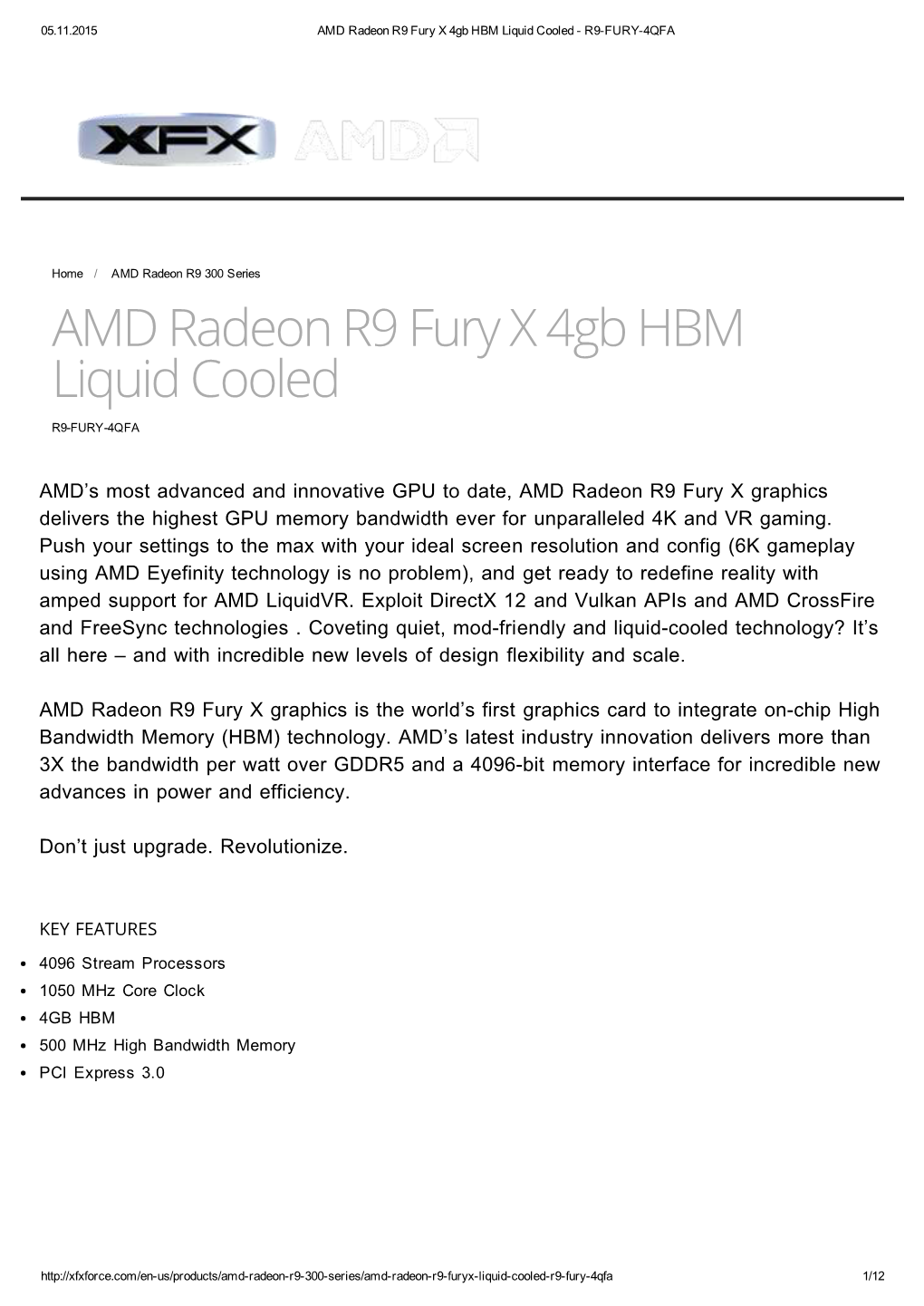 AMD Radeon R9 Fury X 4Gb HBM Liquid Cooled ­ R9­FURY­4QFA