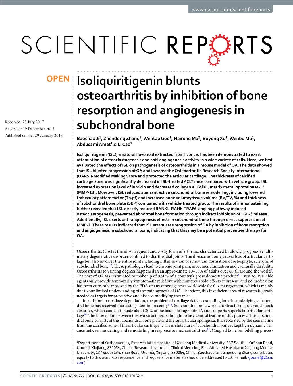 Isoliquiritigenin Blunts Osteoarthritis by Inhibition of Bone Resorption And