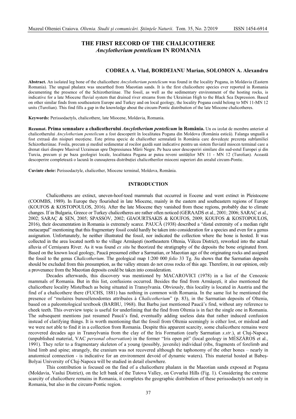 THE FIRST RECORD of the CHALICOTHERE Ancylotherium Pentelicum in ROMANIA