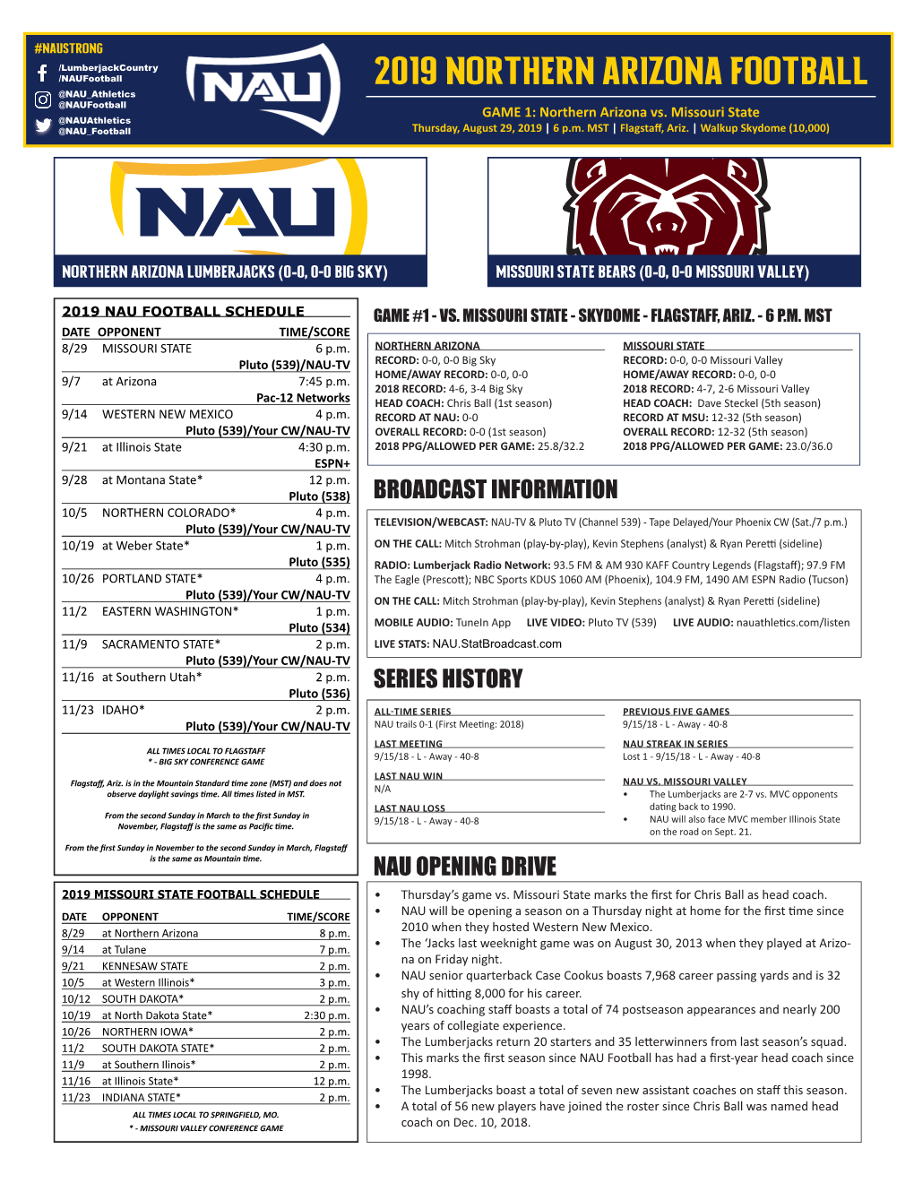 2019 NORTHERN ARIZONA FOOTBALL @NAU Athletics @Naufootball GAME 1: Northern Arizona Vs