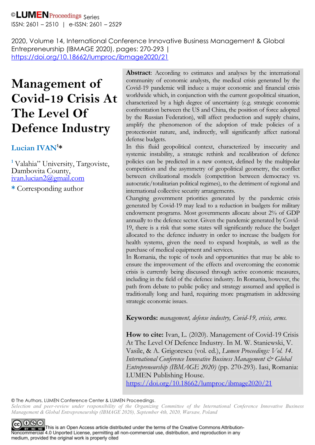 Management of Covid-19 Crisis at the Level of Defence Industry