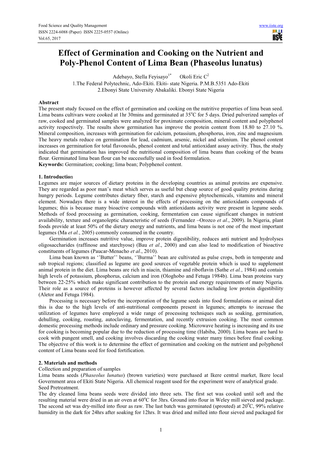 Effect of Germination and Cooking on the Nutrient and Poly-Phenol Content of Lima Bean (Phaseolus Lunatus)