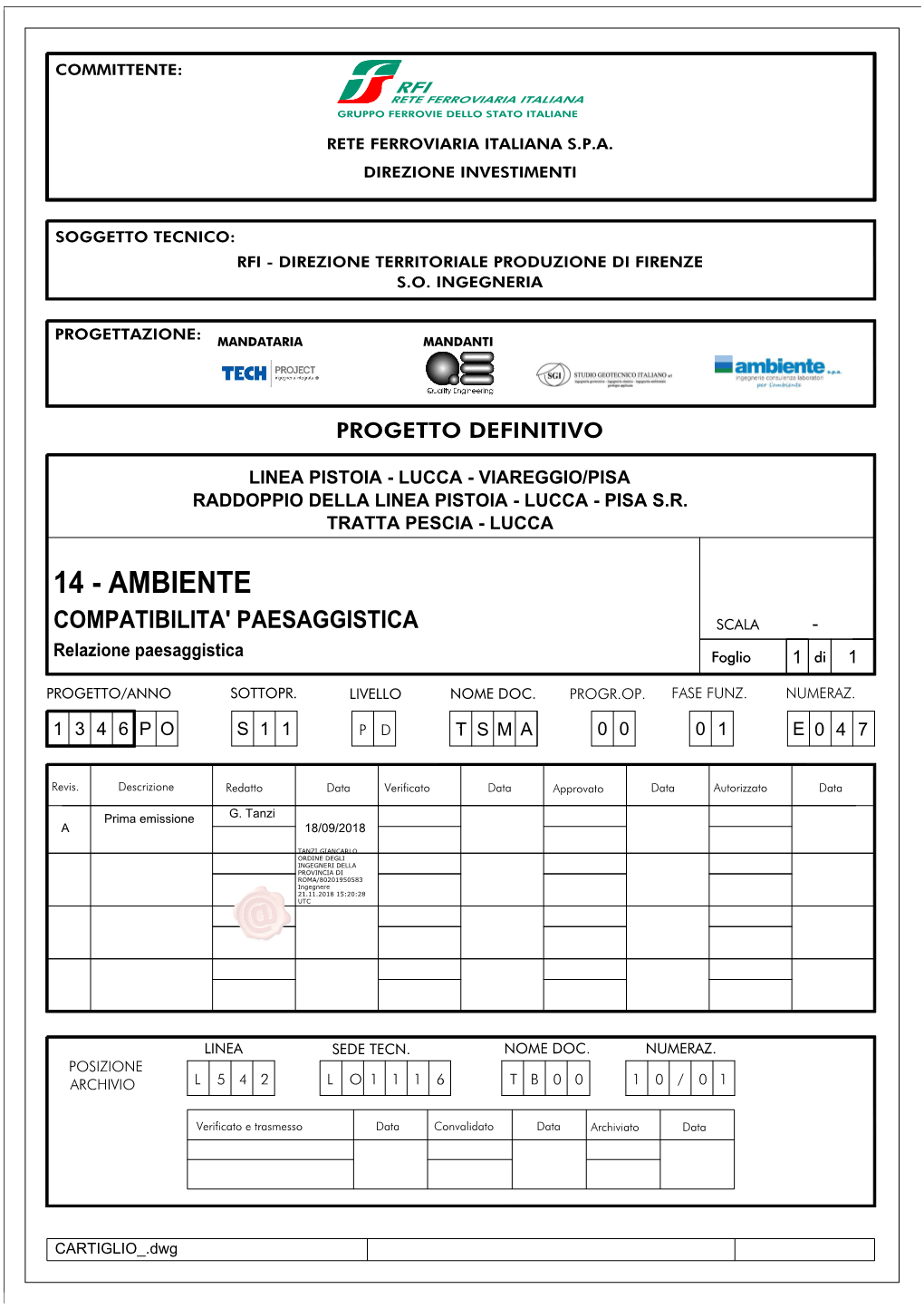 14 - AMBIENTE COMPATIBILITA' PAESAGGISTICA SCALA - Relazione Paesaggistica Foglio 1 Di 1 PROGETTO/ANNO SOTTOPR