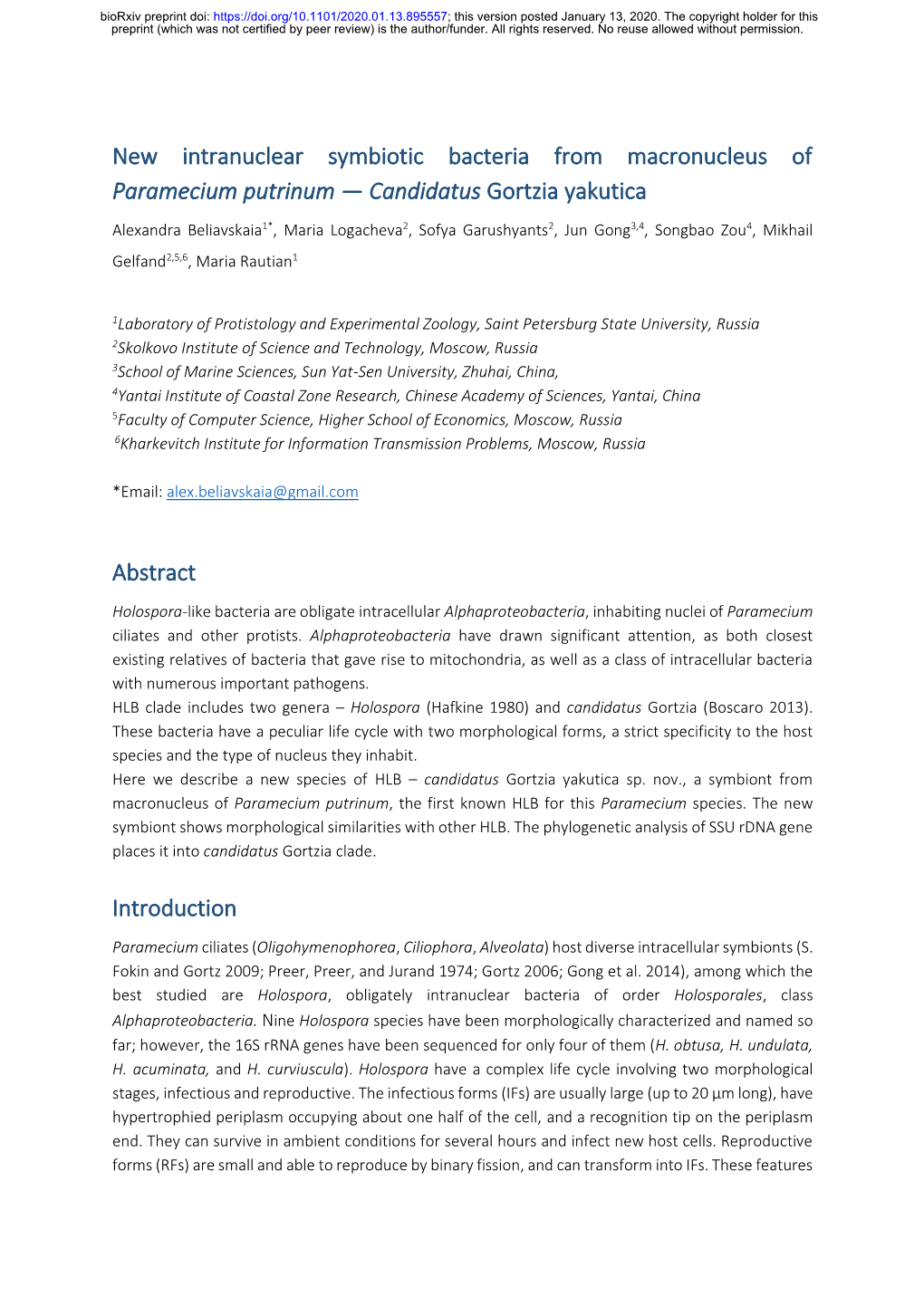 New Intranuclear Symbiotic Bacteria from Macronucleus of Paramecium Putrinum — Candidatus Gortzia Yakutica