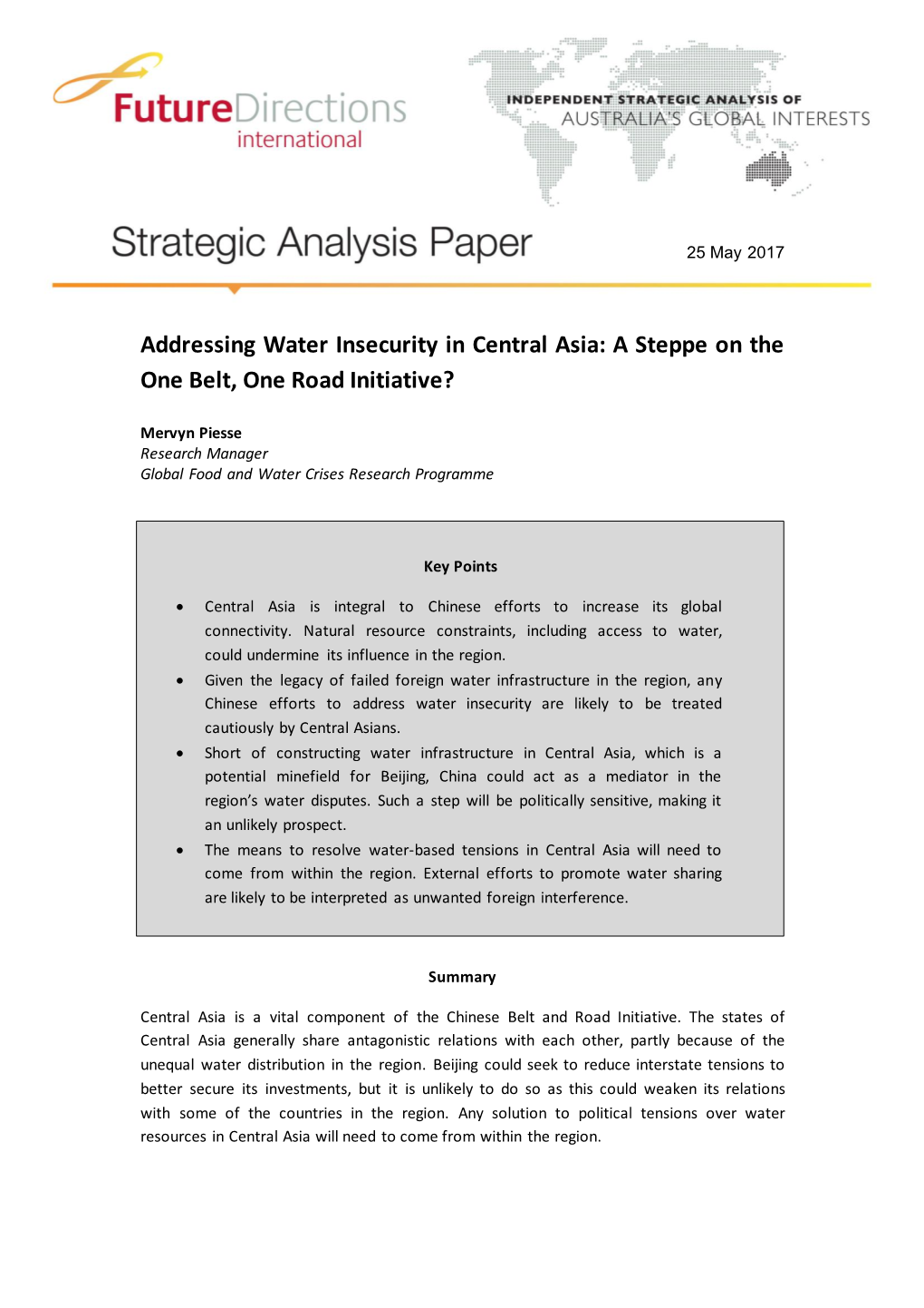 Addressing Water Insecurity in Central Asia: a Steppe on the One Belt, One Road Initiative?