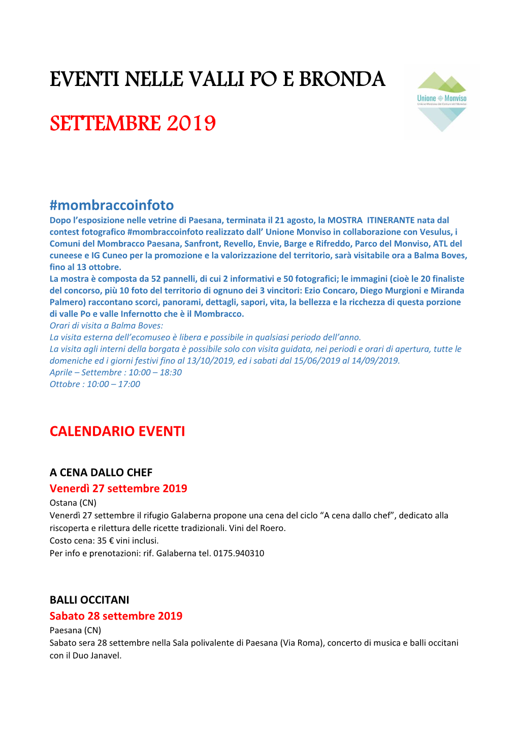 SETTEMBRE 2019 Eventi in Valle Po Agg.To 27.09