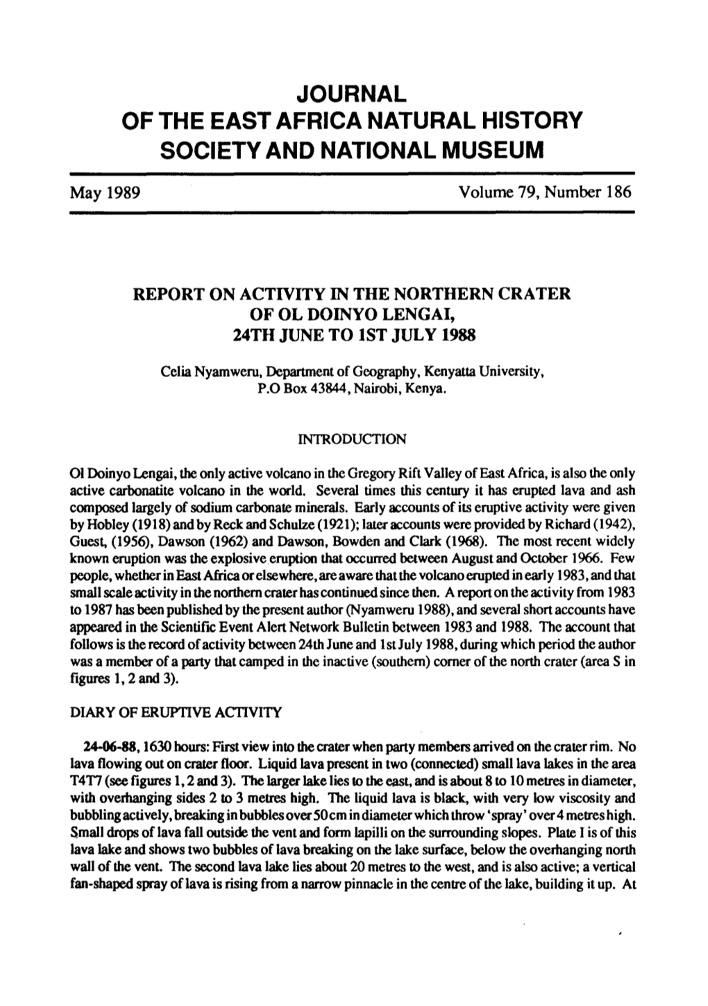 Journal of the East Africa Natural History Society and National Museum