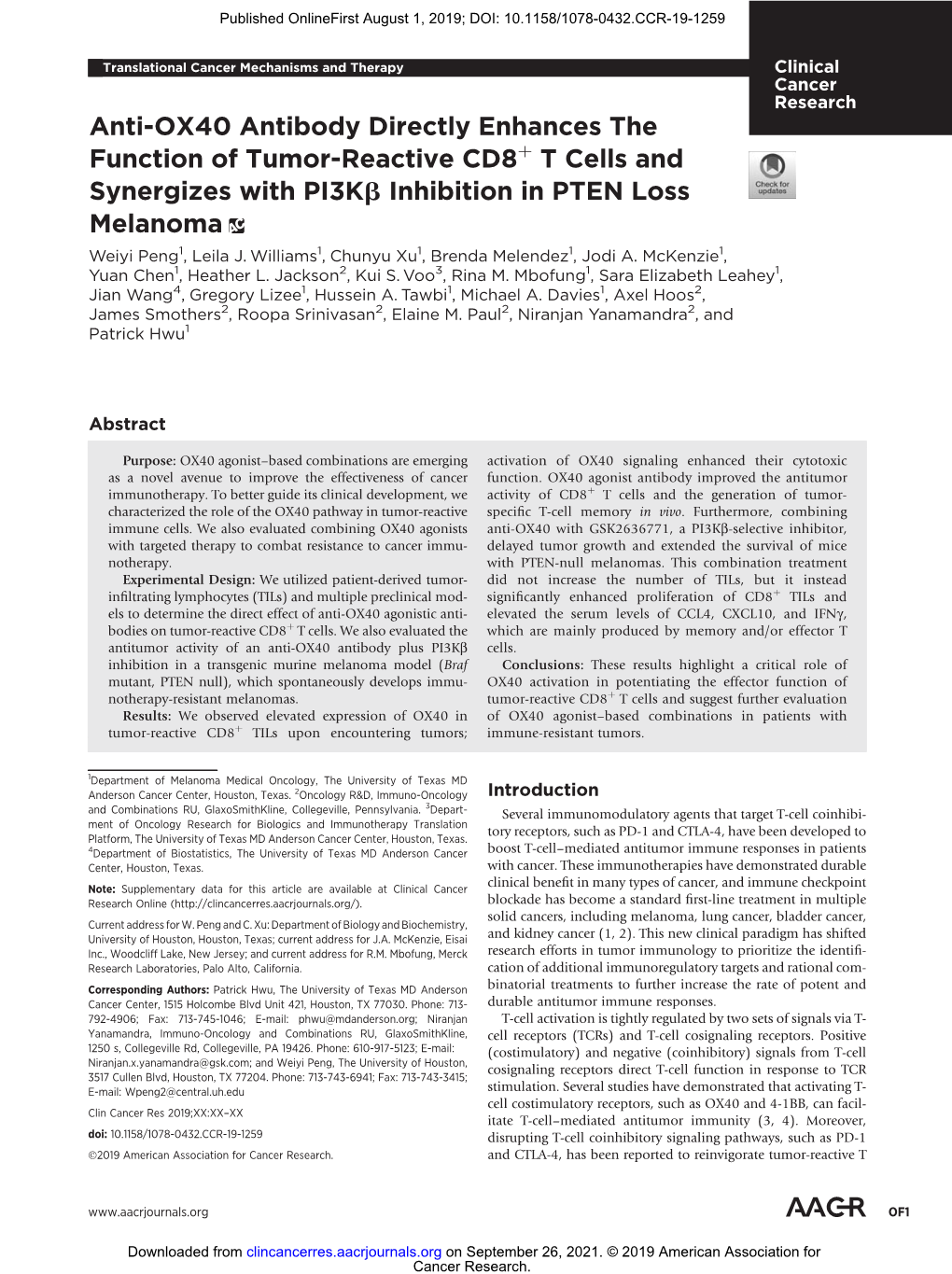 Anti-OX40 Antibody Directly Enhances the Function of Tumor-Reactive Cd8þ T Cells and Synergizes with Pi3kb Inhibition in PTEN Loss Melanoma Weiyi Peng1, Leila J