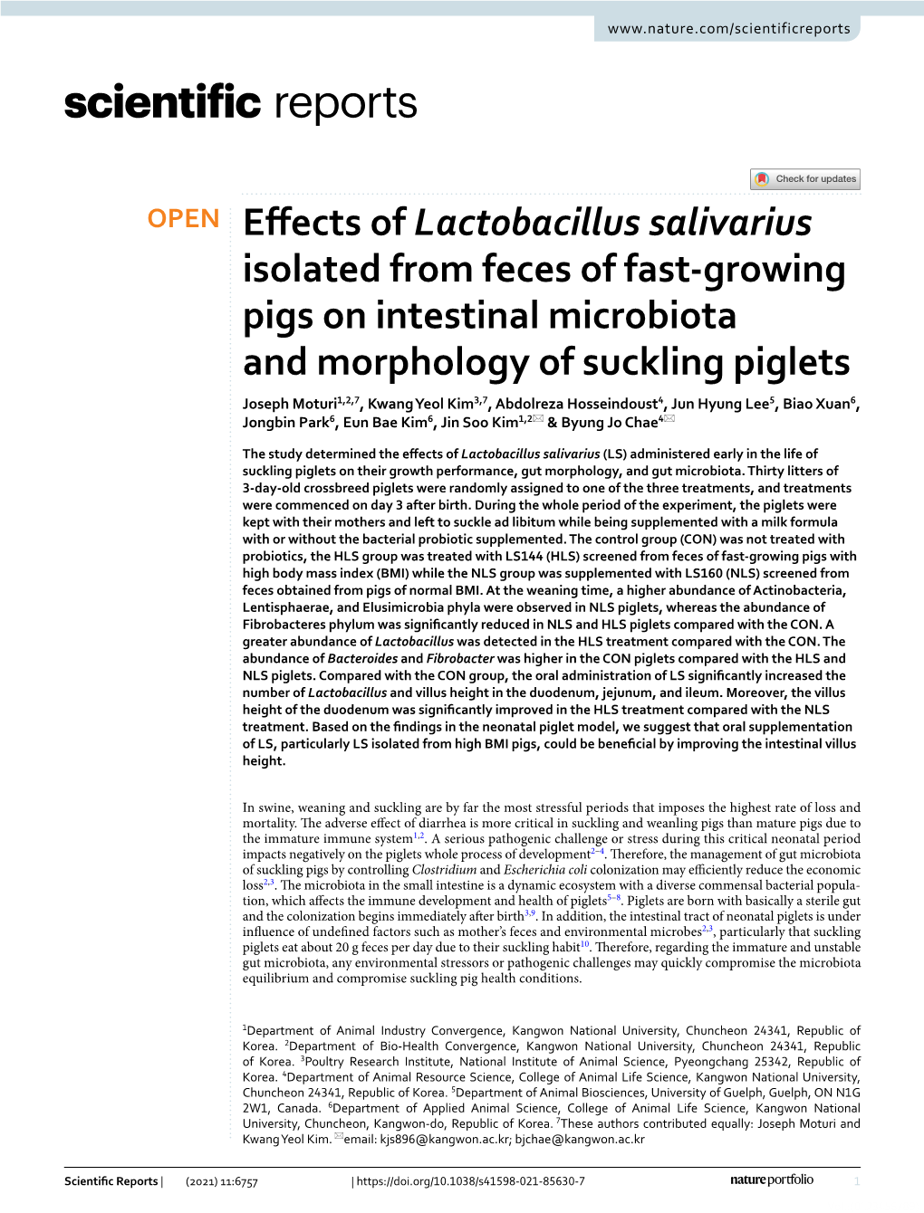 Effects of Lactobacillus Salivarius Isolated from Feces of Fast-Growing Pigs on Intestinal Microbiota and Morphology of Suckling