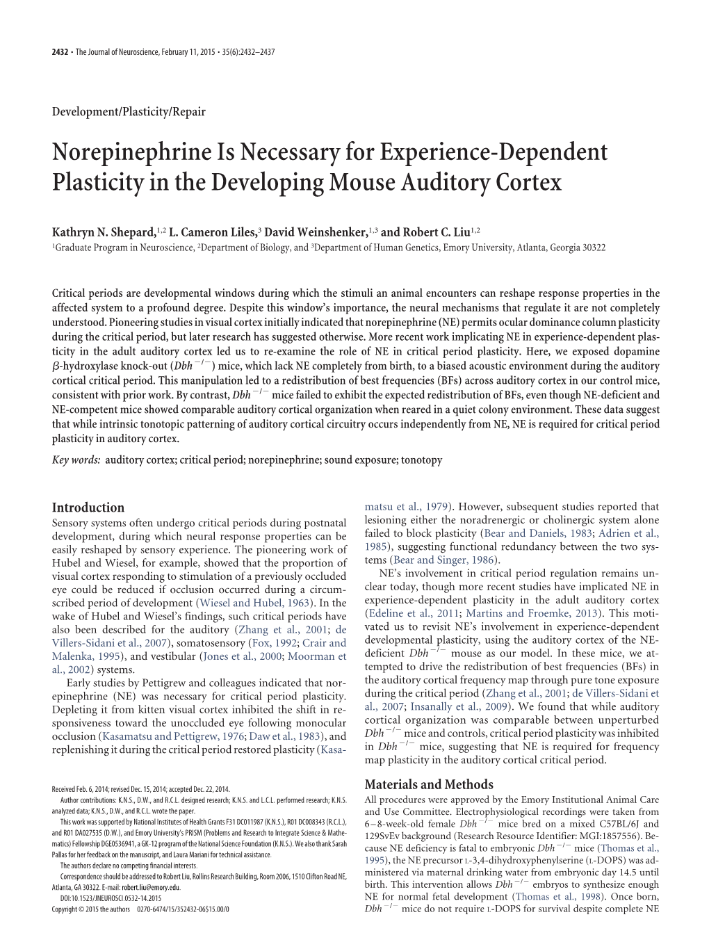 Norepinephrine Is Necessary for Experience-Dependent Plasticity in the Developing Mouse Auditory Cortex