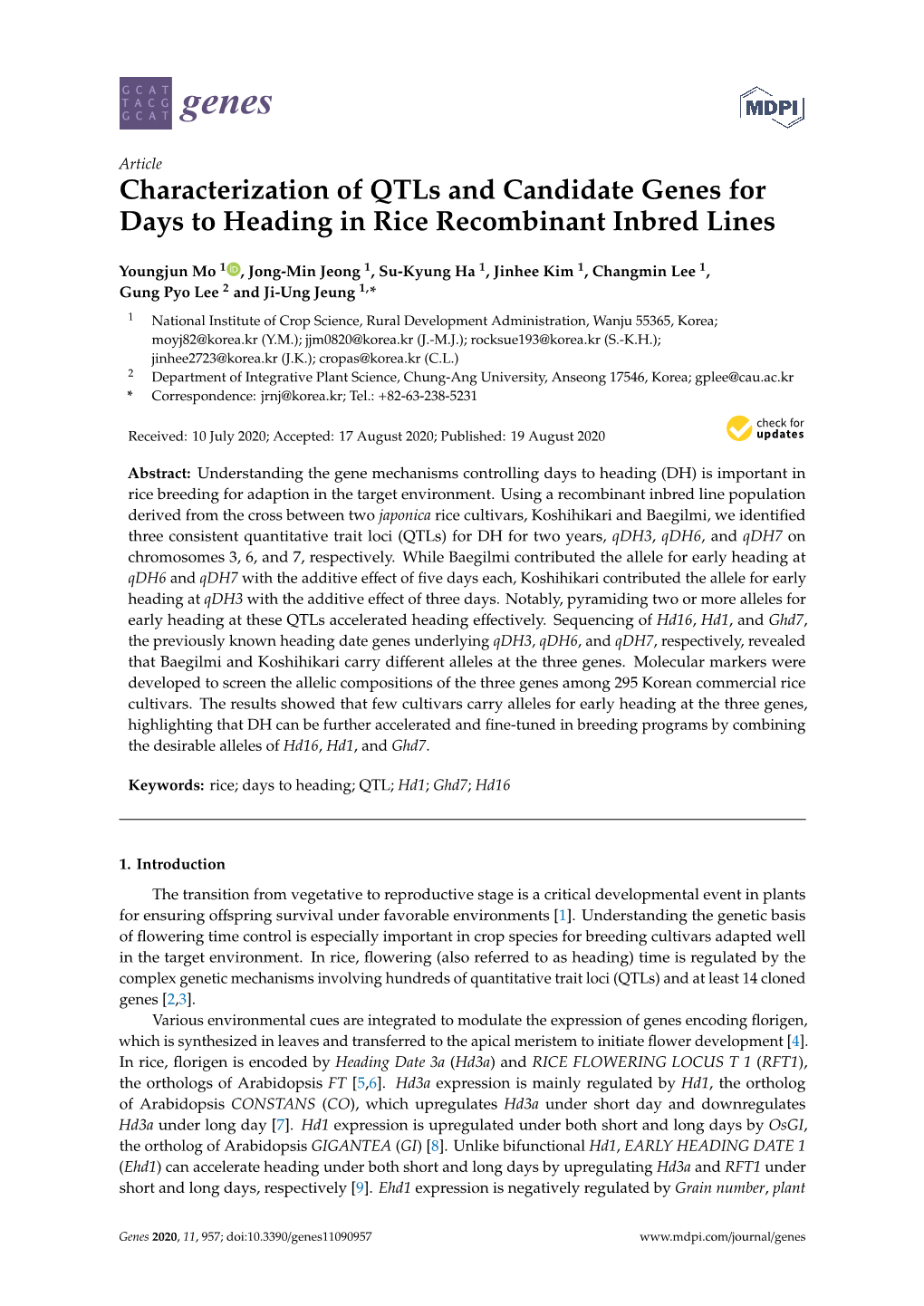 Characterization of Qtls and Candidate Genes for Days to Heading in Rice Recombinant Inbred Lines