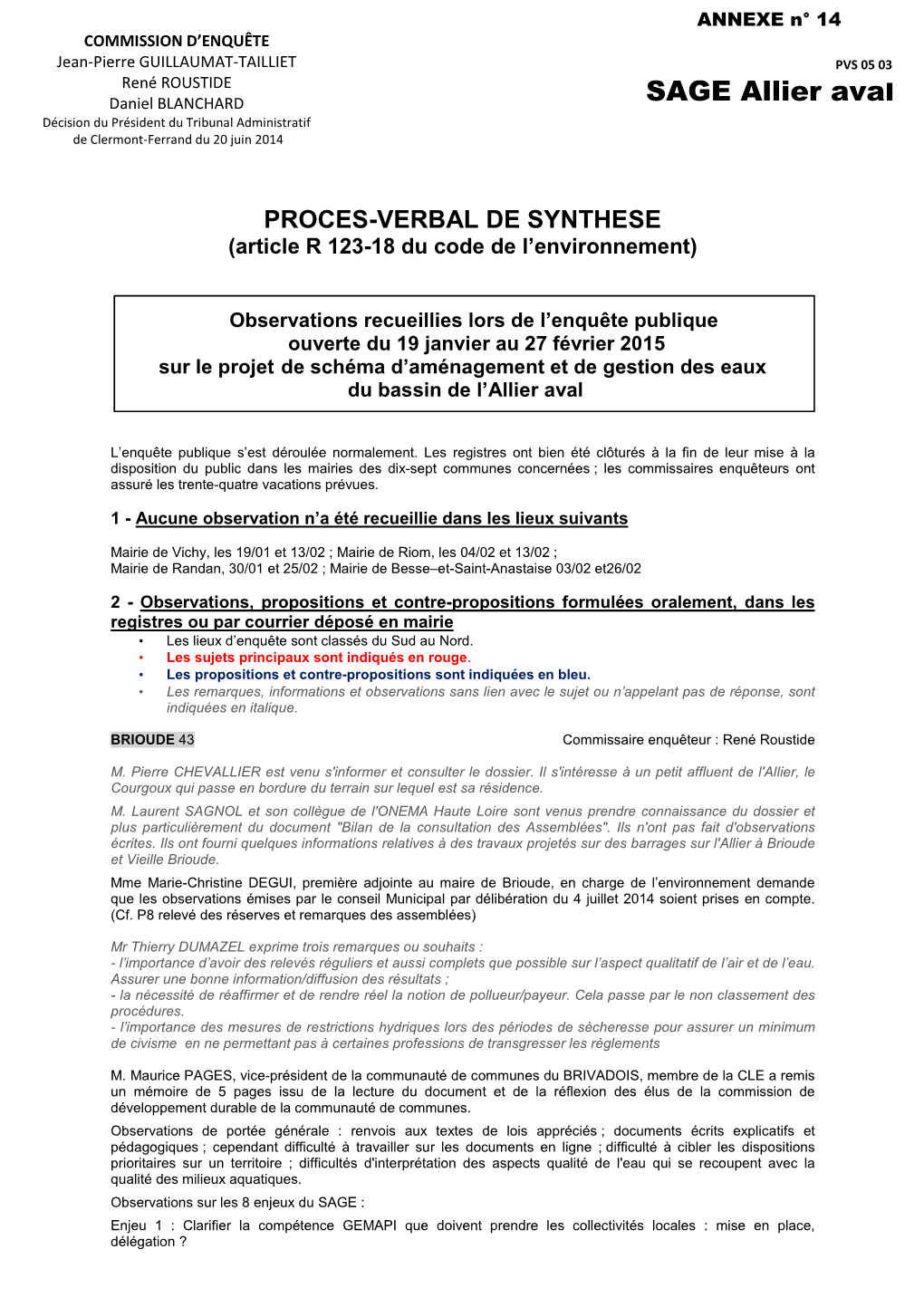 SAGE Allier Aval Daniel BLANCHARD Décision Du Président Du Tribunal Administratif De Clermont-Ferrand Du 20 Juin 2014
