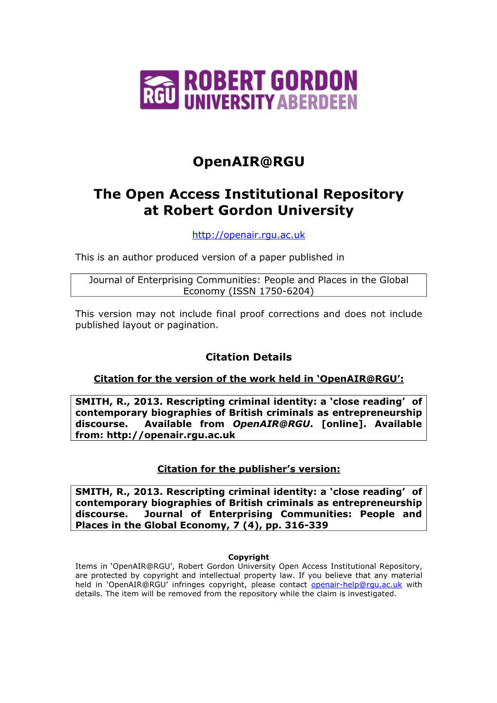 Openair@RGU the Open Access Institutional Repository at Robert Gordon University