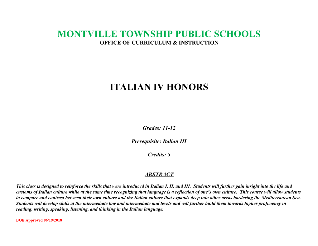 MONTVILLE TOWNSHIP PUBLIC SCHOOLS Italian IV Honors