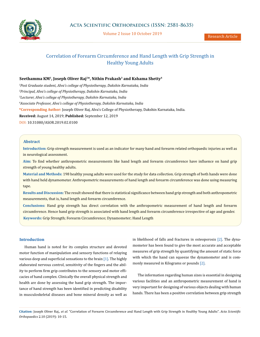 Correlation of Forearm Circumference and Hand Length with Grip Strength in Healthy Young Adults