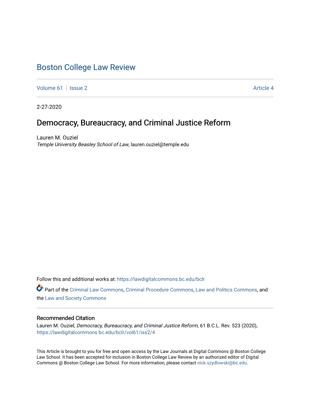 Democracy, Bureaucracy, and Criminal Justice Reform