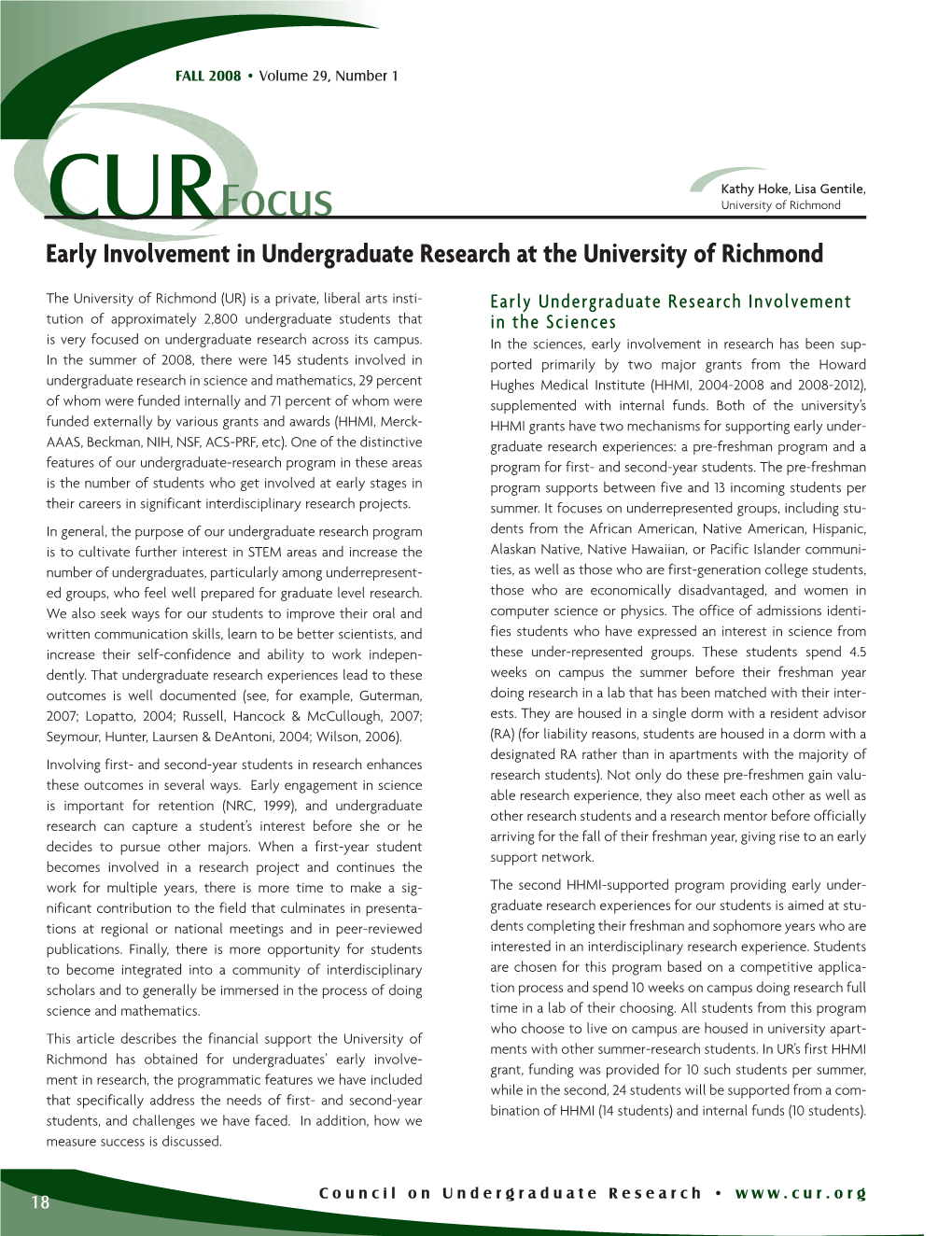 Early Involvement in Undergraduate Research at the University of Richmond