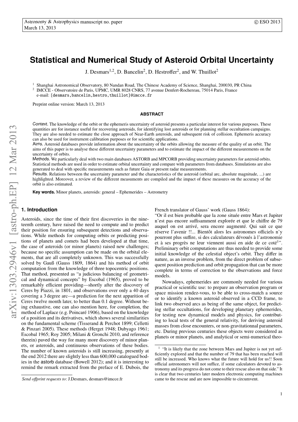 Statistical and Numerical Study of Asteroid Orbital Uncertainty J