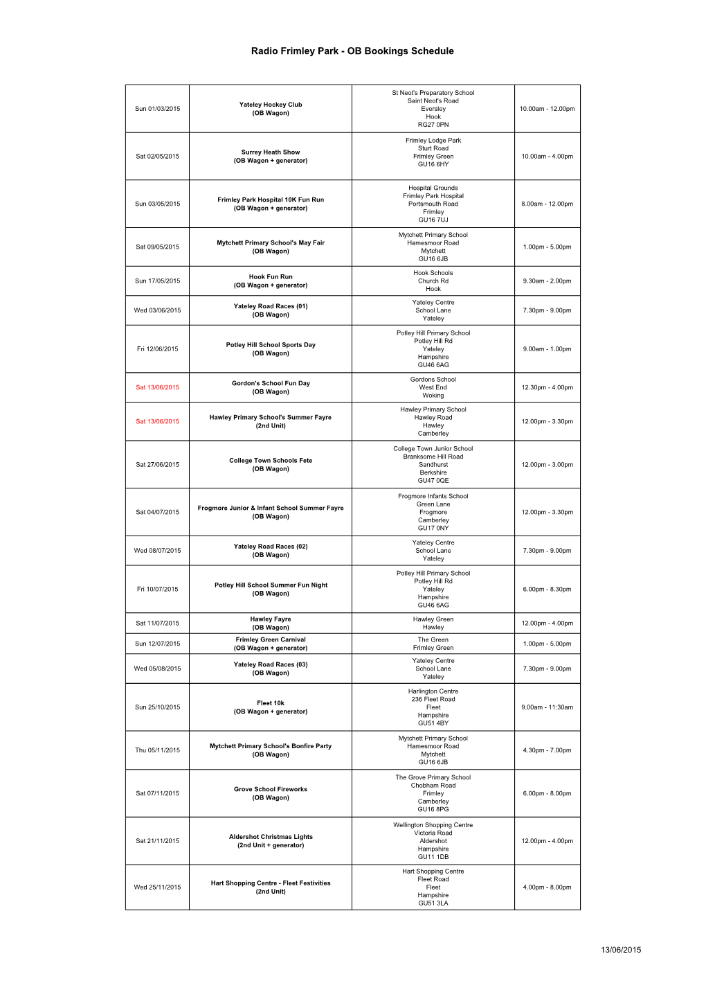 OB Bookings Schedule