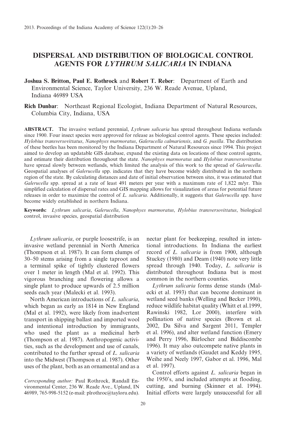 Dispersal and Distribution of Biological Control Agents for Lythrum Salicaria in Indiana