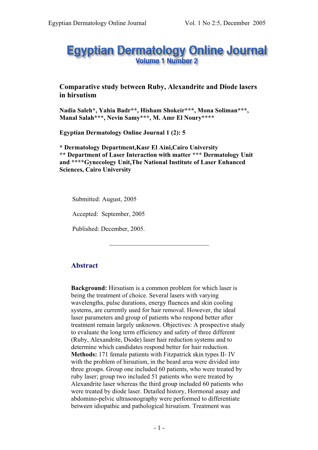 Comparative Study Between Ruby, Alexandrite and Diode Lasers in Hirsutism