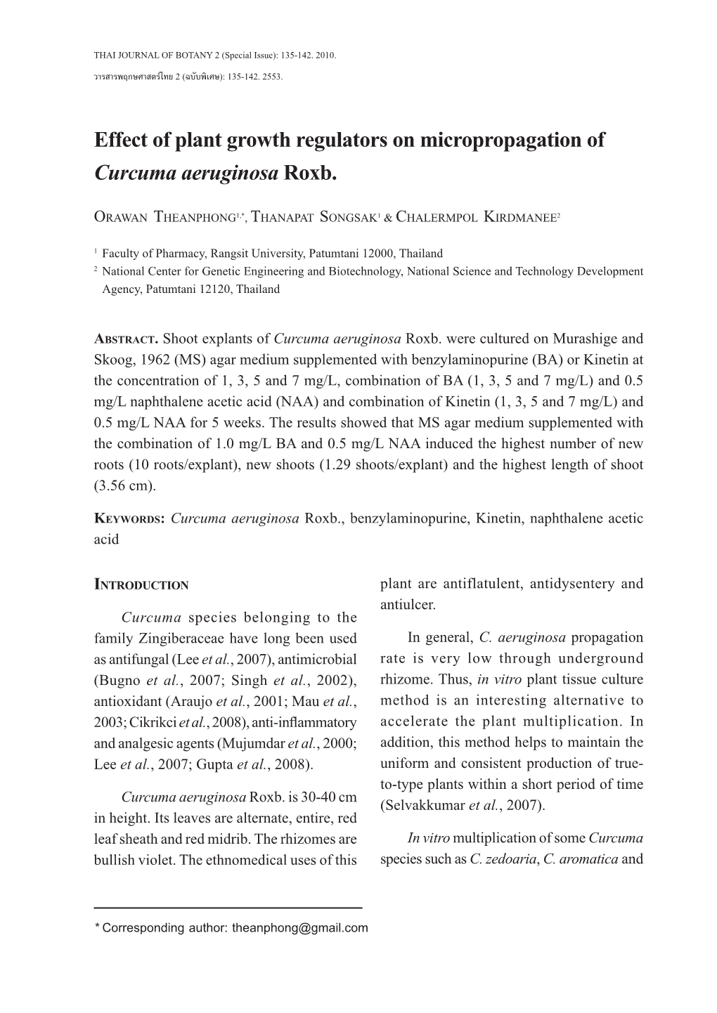 Effect of Plant Growth Regulators on Micropropagation of Curcuma Aeruginosa Roxb