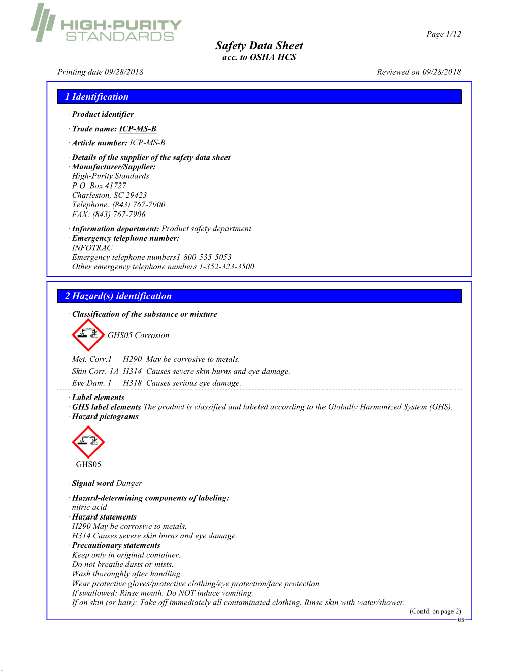 ICP-MS-B · Article Number: ICP-MS-B · Details of the Supplier of the Safety Data Sheet · Manufacturer/Supplier: High-Purity Standards P.O