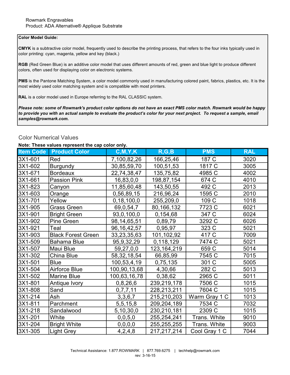 Color Numerical Values Item Code Product Color C,M,Y,K R,G,B PMS