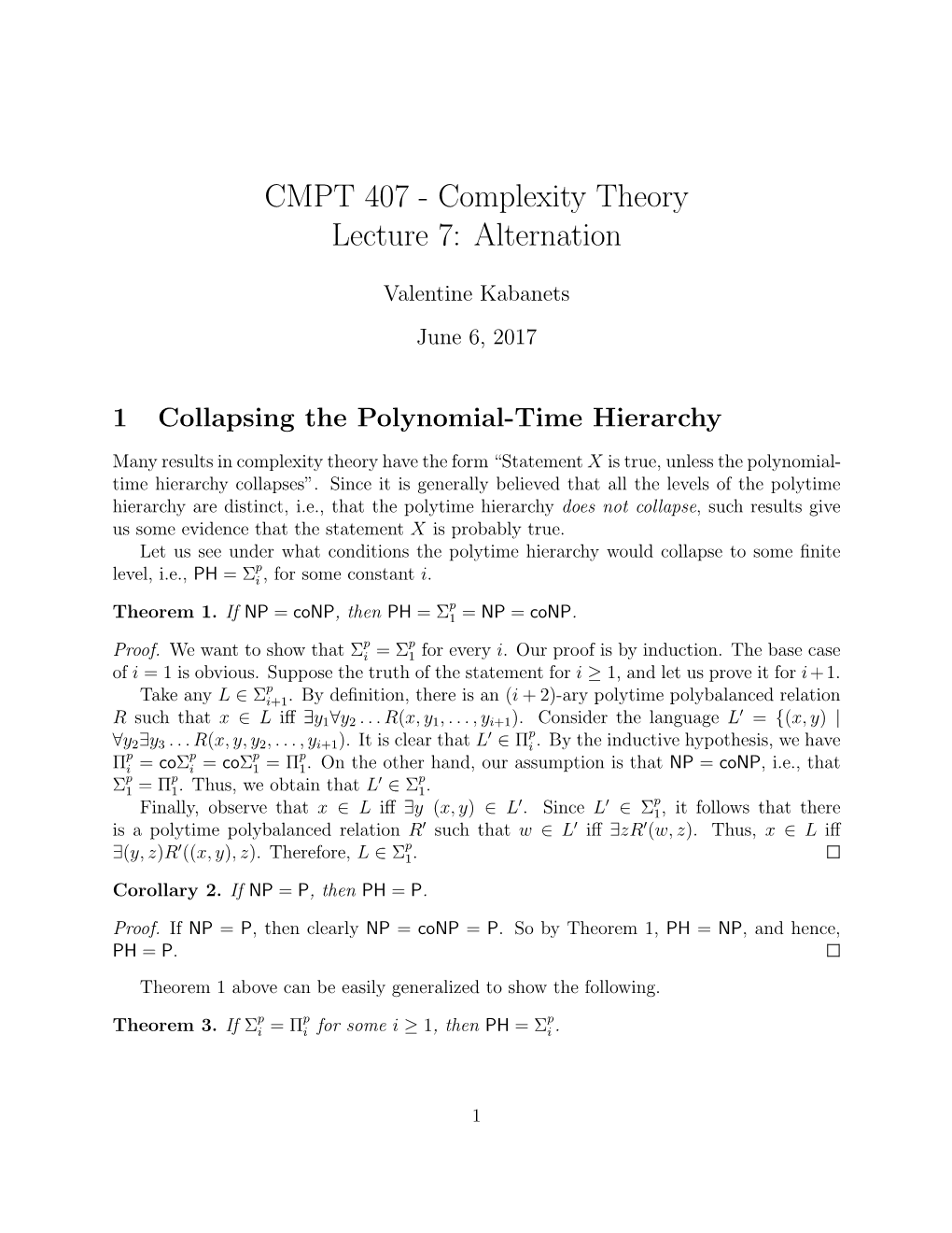 CMPT 407 - Complexity Theory Lecture 7: Alternation