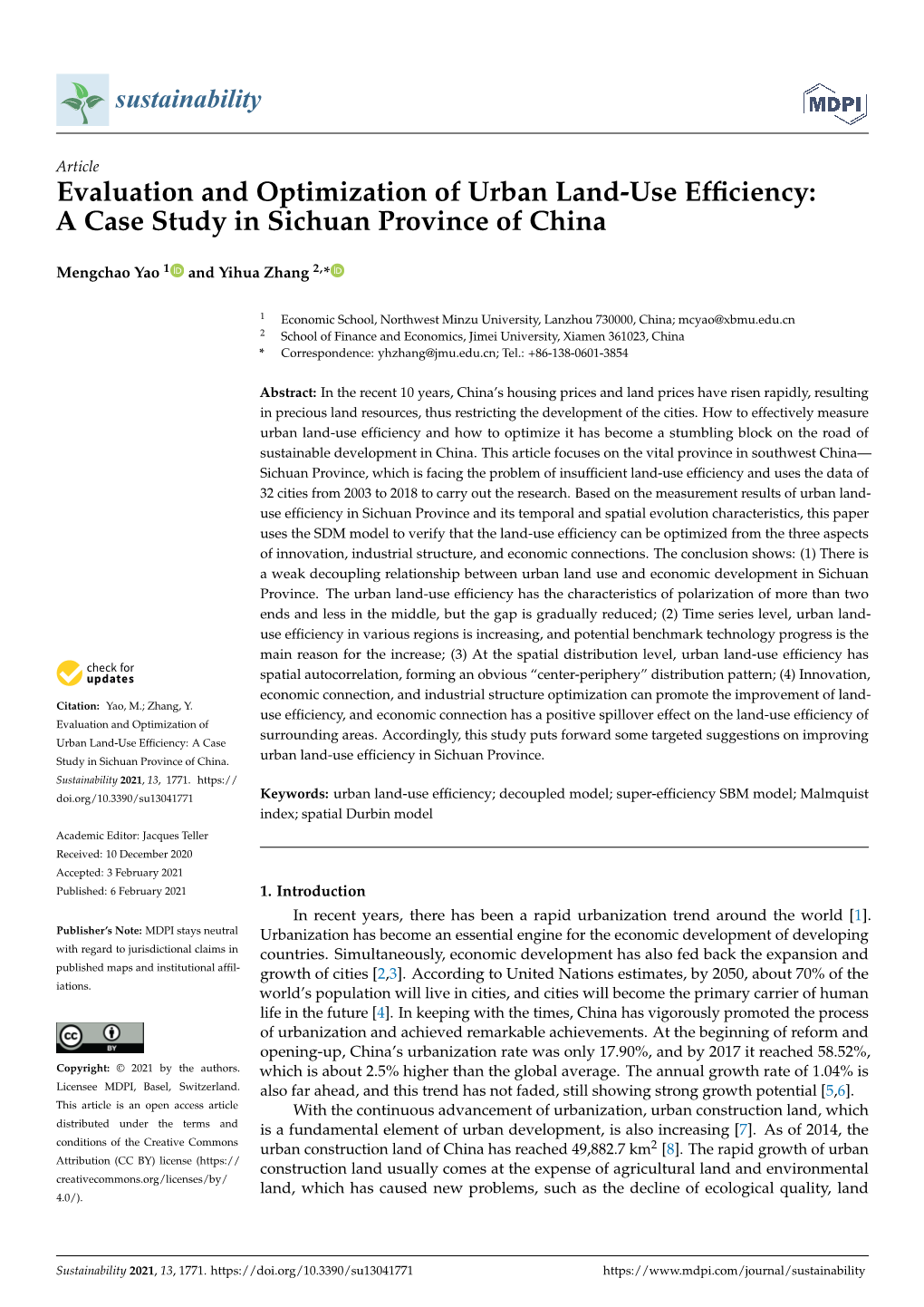 Evaluation and Optimization of Urban Land-Use Efficiency: a Case Study