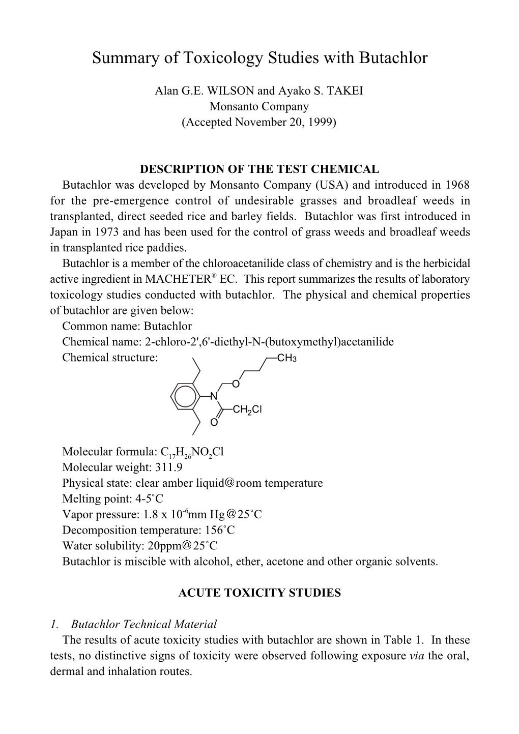 Summary of Toxicology Studies with Butachlor