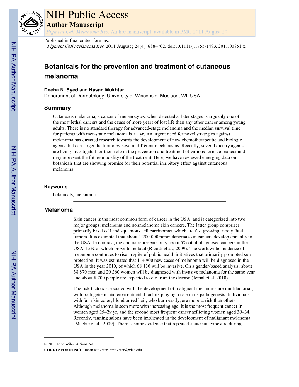 NIH Public Access Author Manuscript Pigment Cell Melanoma Res