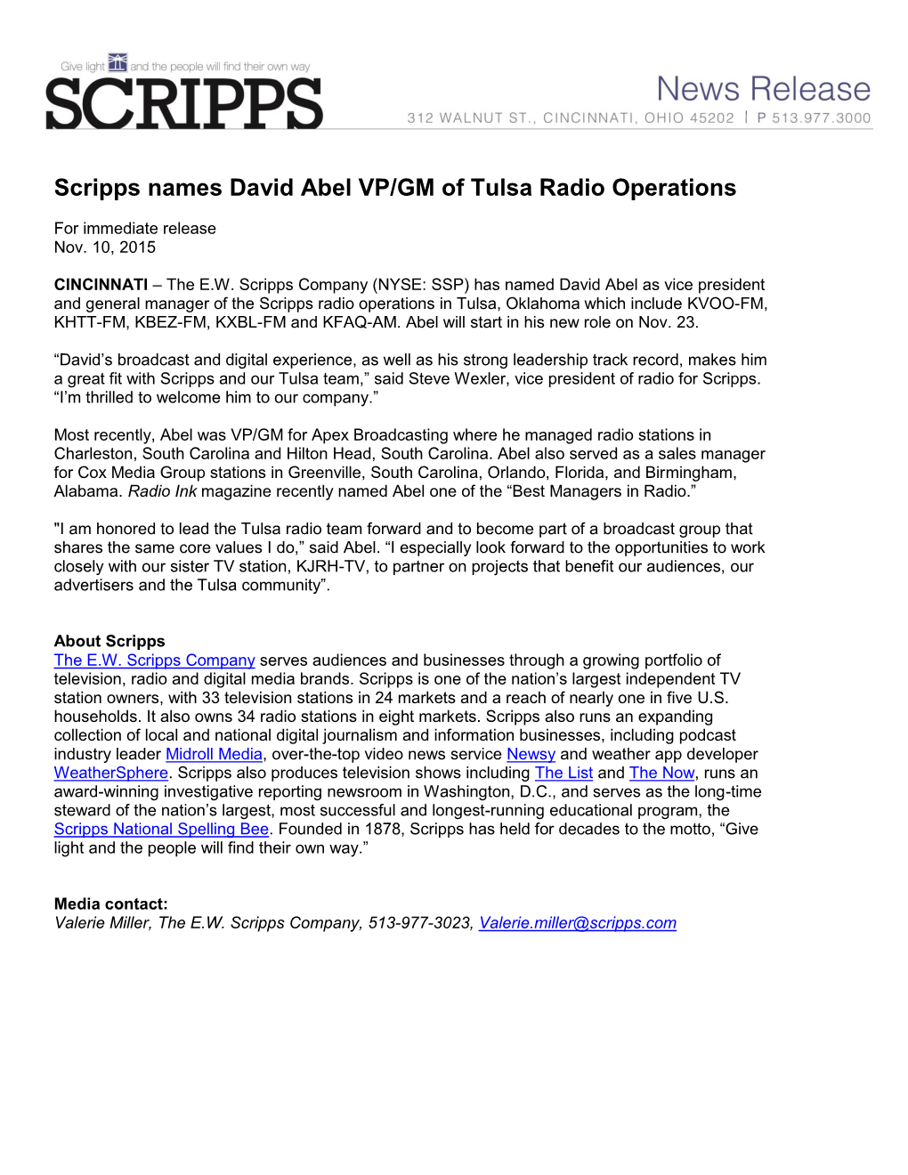 Scripps Names David Abel VP/GM of Tulsa Radio Operations