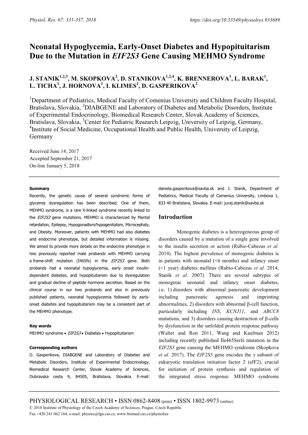 Neonatal Hypoglycemia, Early-Onset Diabetes and Hypopituitarism Due to the Mutation in EIF2S3 Gene Causing MEHMO Syndrome