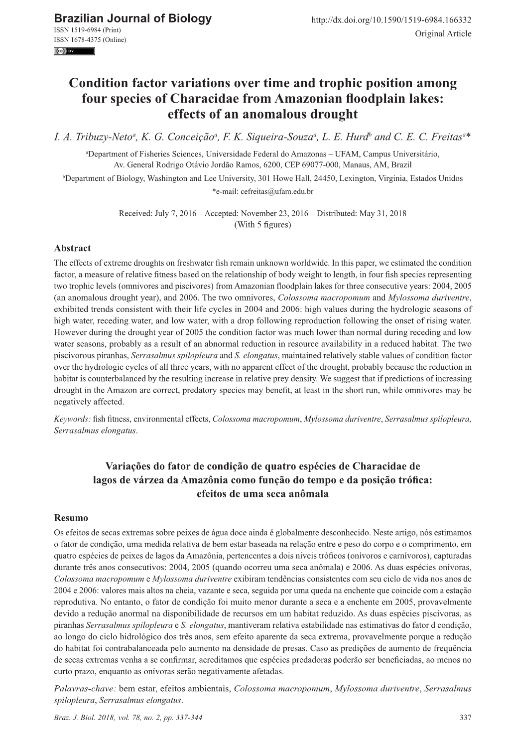 Condition Factor Variations Over Time and Trophic Position Among Four Species of Characidae from Amazonian Floodplain Lakes: Effects of an Anomalous Drought I