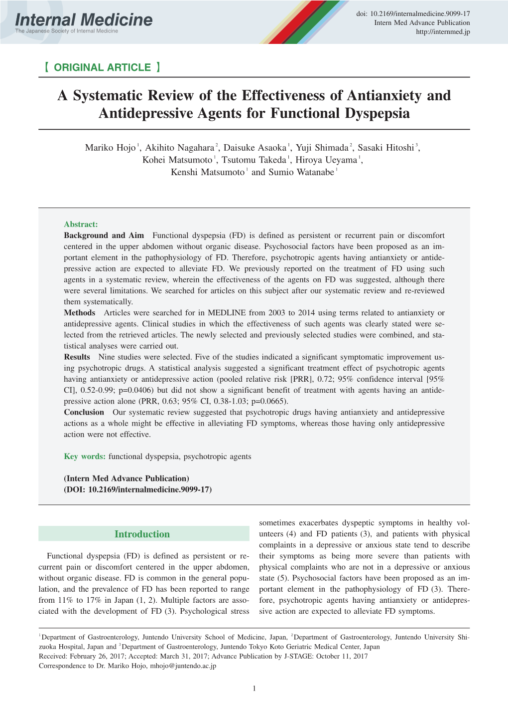 A Systematic Review of the Effectiveness of Antianxiety and Antidepressive Agents for Functional Dyspepsia