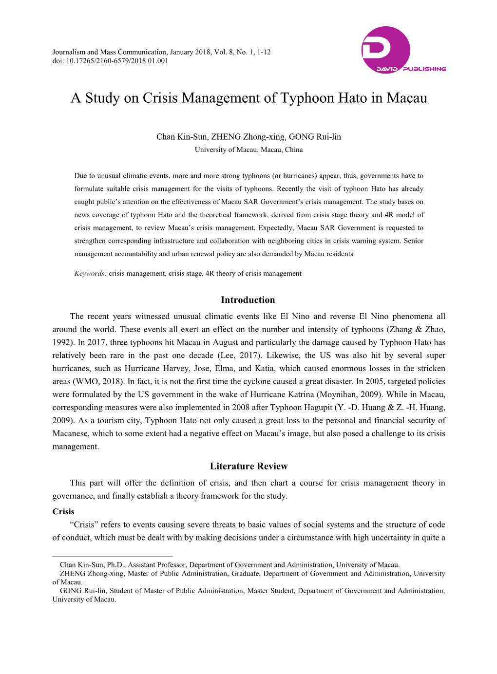 A Study on Crisis Management of Typhoon Hato in Macau