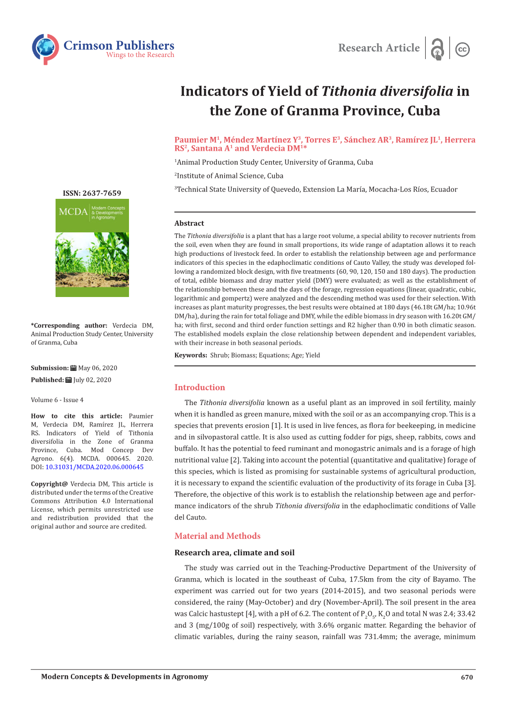 Indicators of Yield of Tithonia Diversifolia in the Zone of Granma Province, Cuba