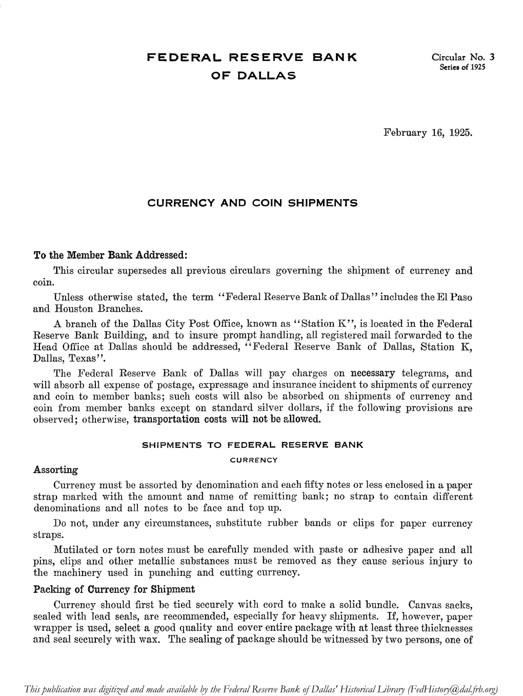 Currency and Coin Shipments