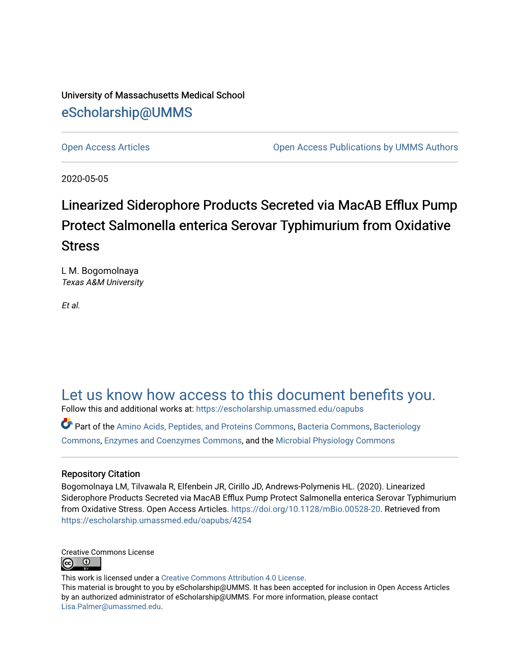 Linearized Siderophore Products Secreted Via Macab Efflux Pump Protect Salmonella Enterica Serovar Typhimurium from Oxidative Stress