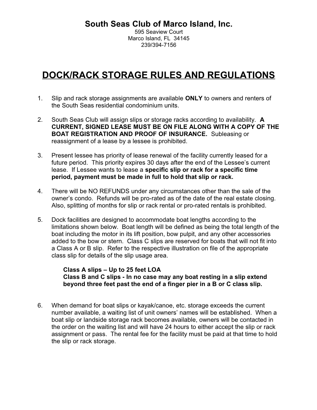 Dock/RACK STORAGE RULES and REGULATIONS
