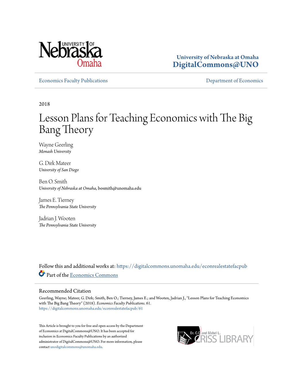 Lesson Plans for Teaching Economics with the Big Bang Theory