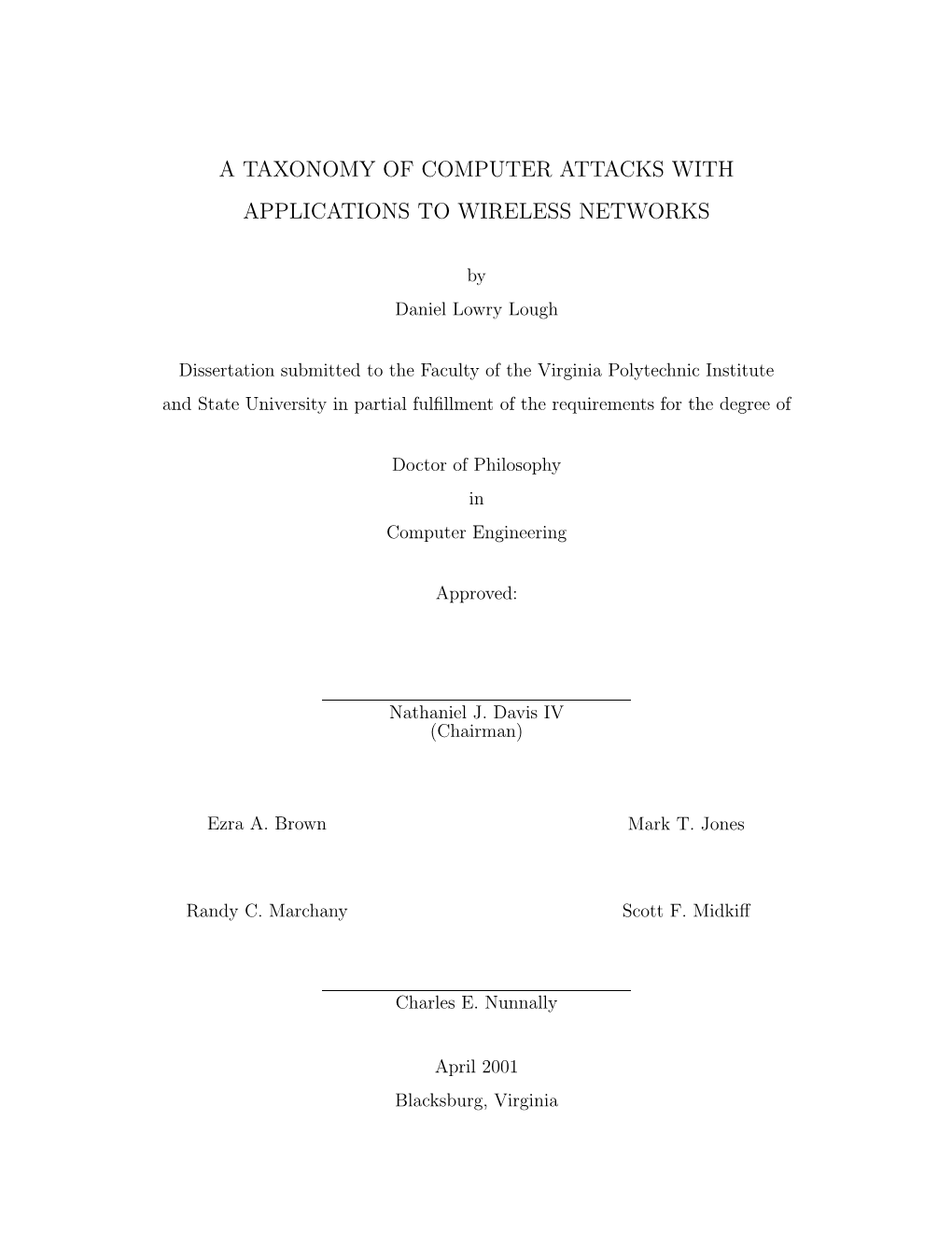 A Taxonomy of Computer Attacks with Applications to Wireless Networks