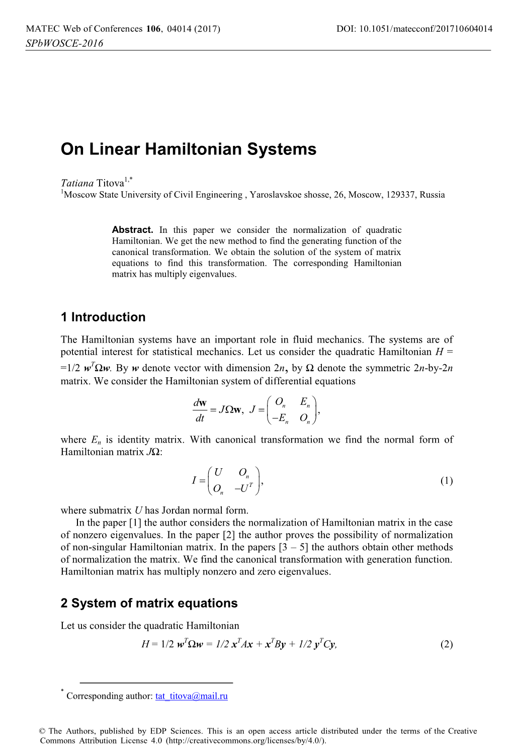 On Linear Hamiltonian Systems