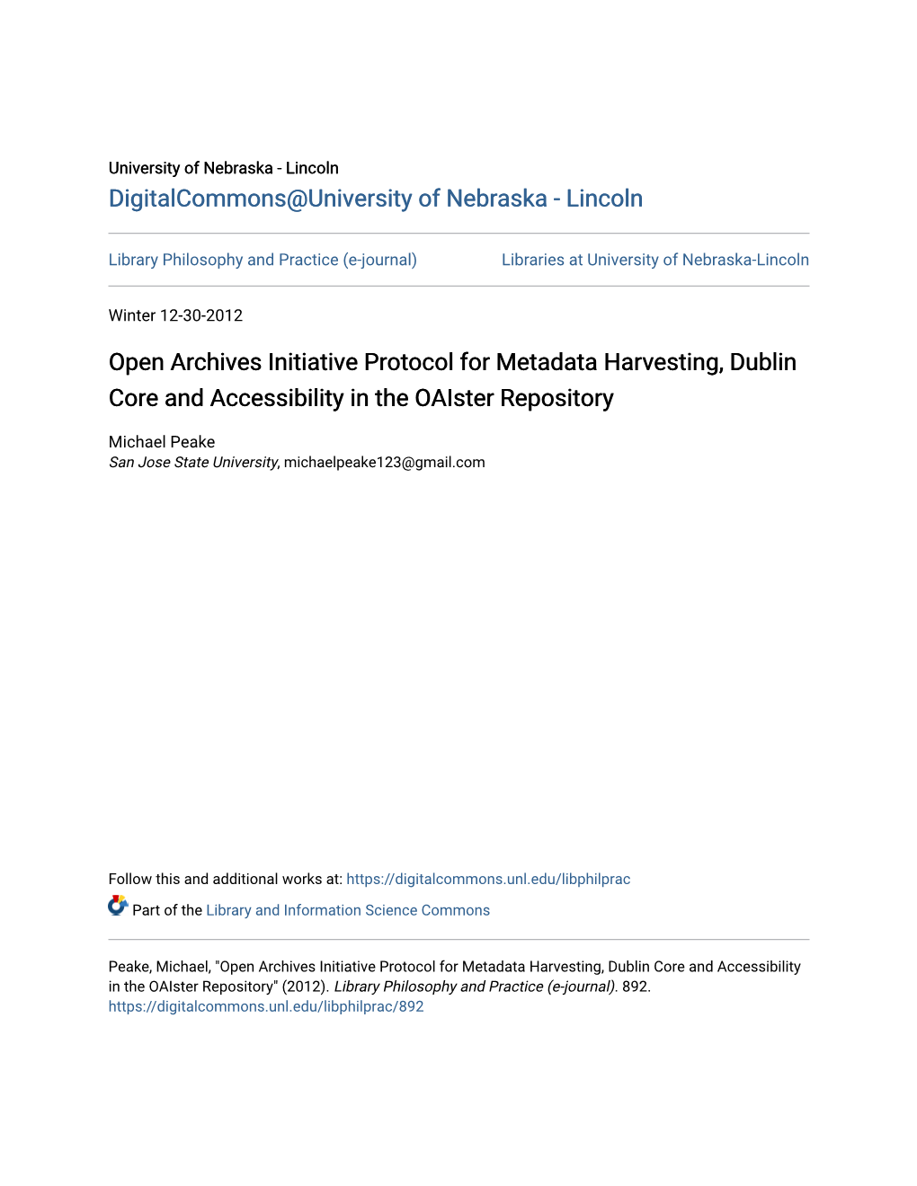Open Archives Initiative Protocol for Metadata Harvesting, Dublin Core and Accessibility in the Oaister Repository