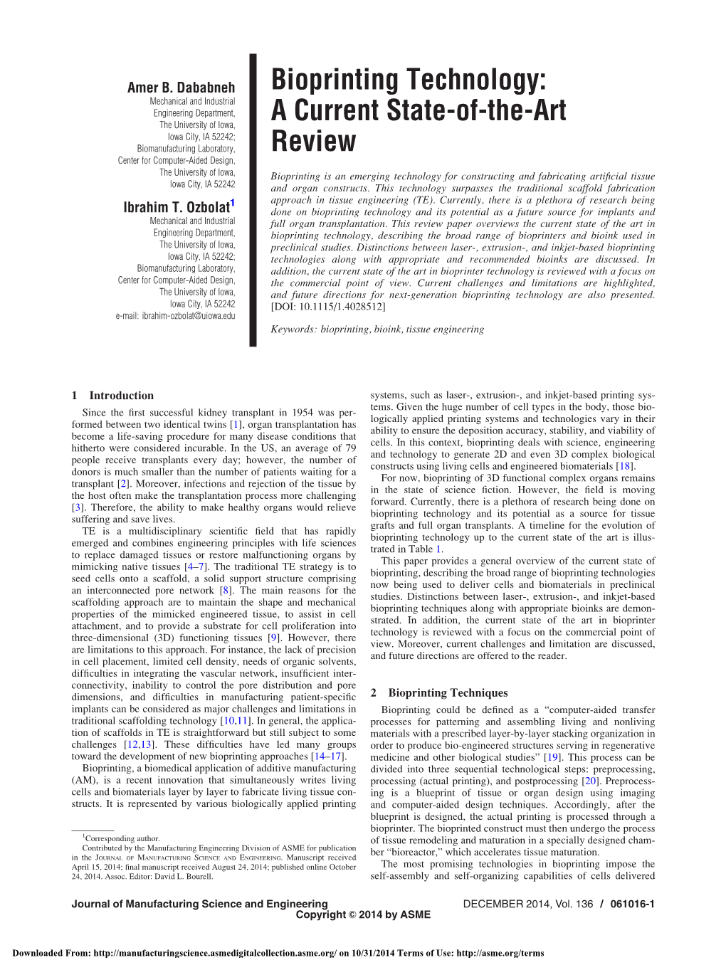 Bioprinting Technology: a Current State-Of-The-Art Review