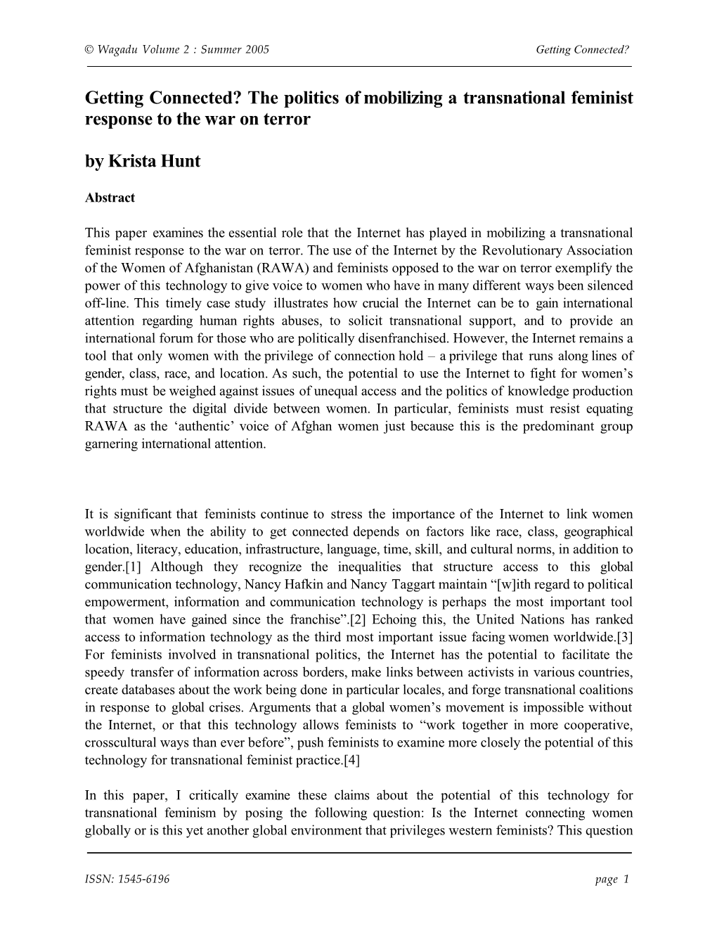 Getting Connected? the Politics of Mobilizing a Transnational Feminist Response to the War on Terror by Krista Hunt