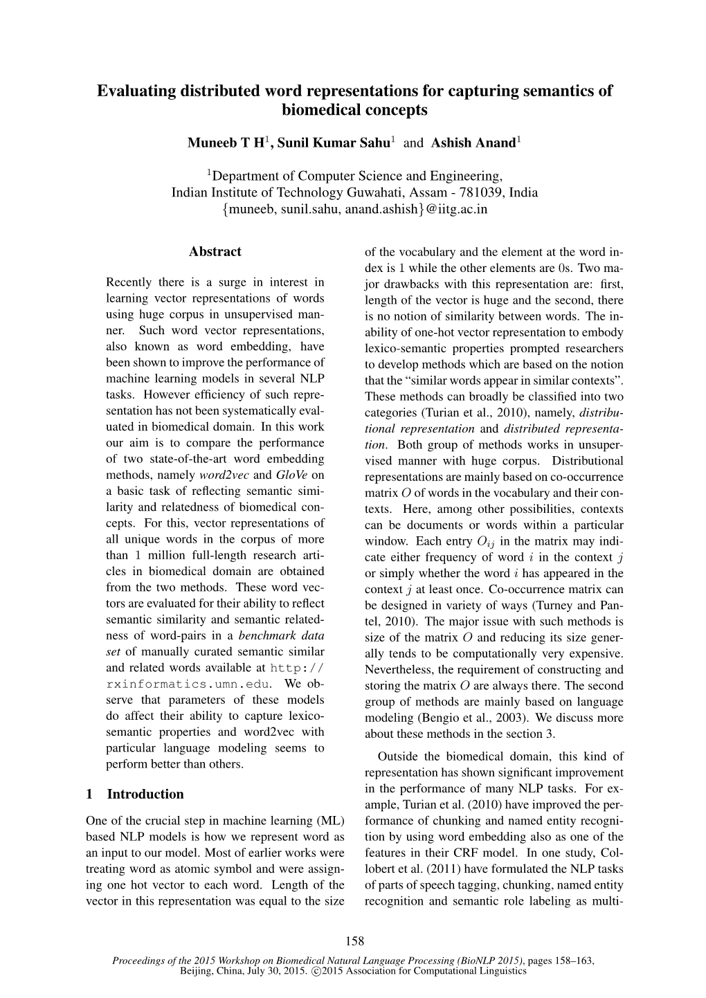 Evaluating Distributed Word Representations for Capturing Semantics of Biomedical Concepts