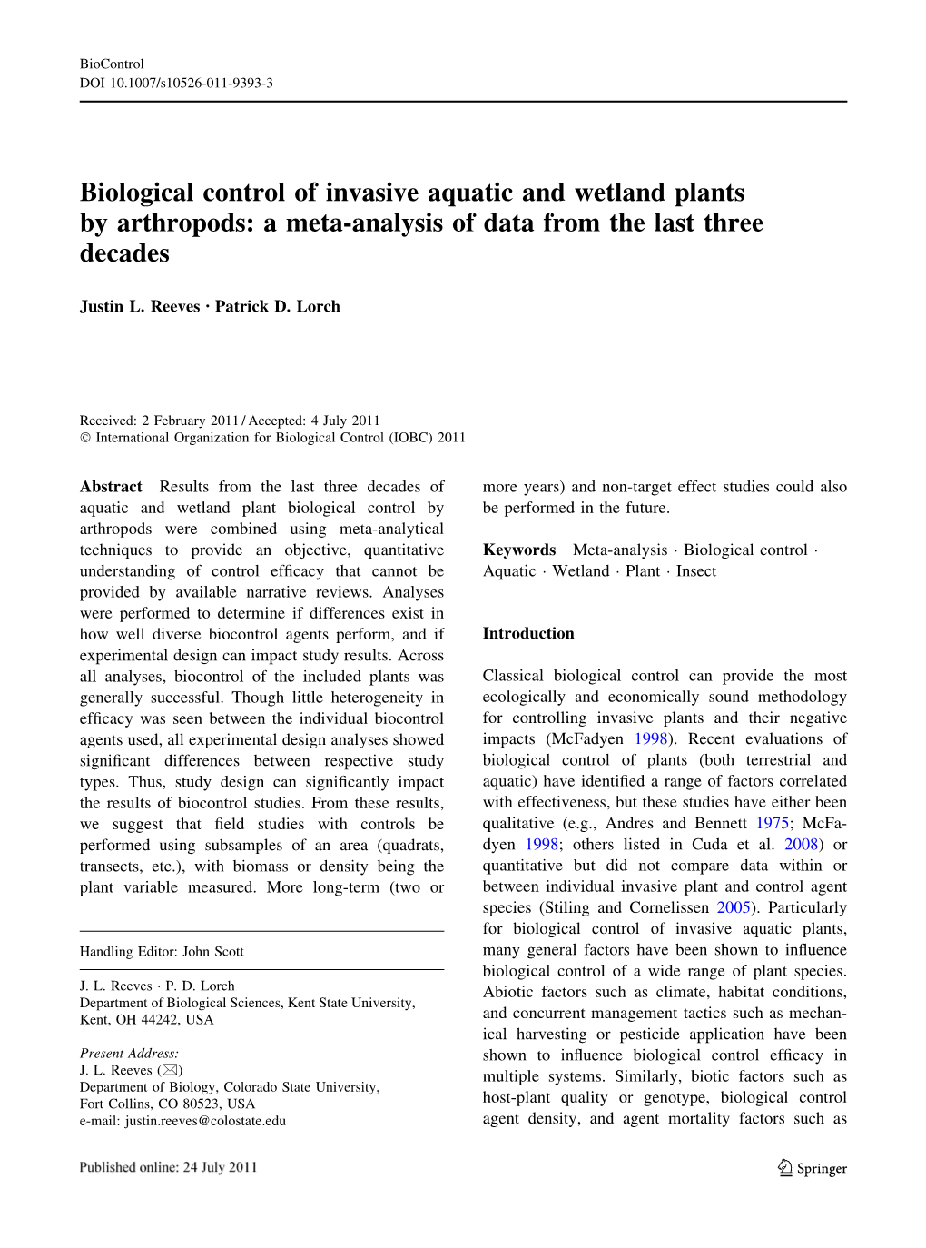 Biological Control of Invasive Aquatic and Wetland Plants by Arthropods: a Meta-Analysis of Data from the Last Three Decades