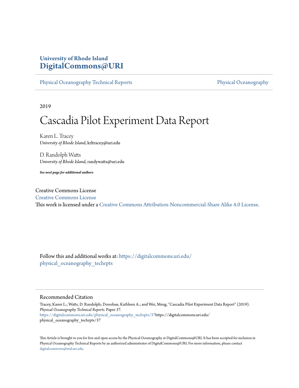 Cascadia Pilot Experiment Data Report Karen L